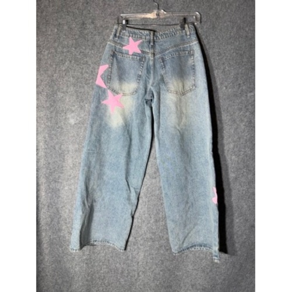 Edikted Trish Satin Effect Pink Stars Low Rise Wide Leg Baggy Jean Light Blue XS - Picture 7 of 10